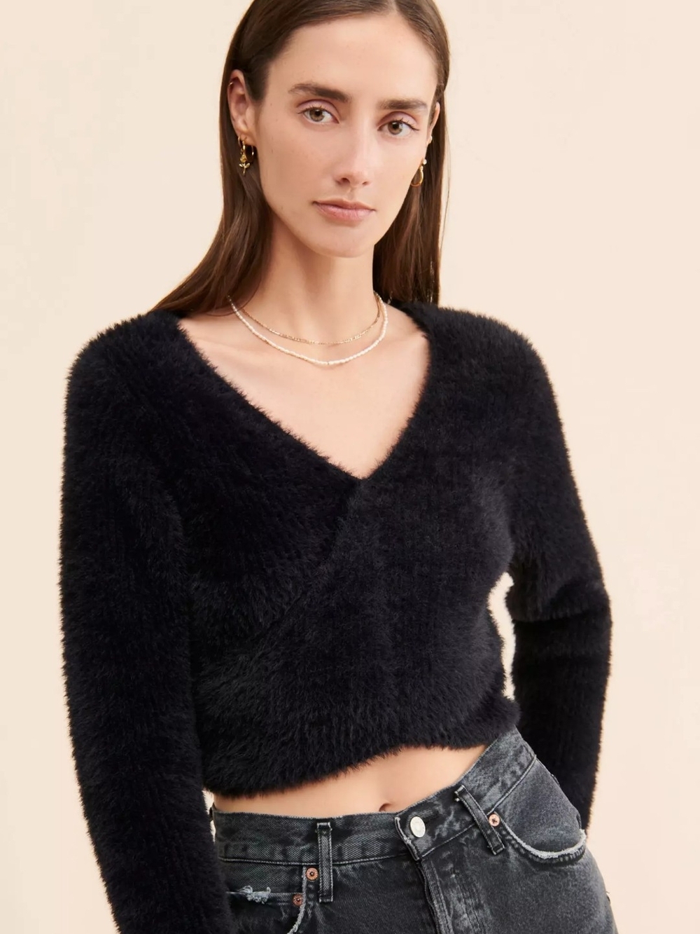 Oval Square By Free People Black Fuzzy Crop Long Sleeve Wrap Knit Sweater - S